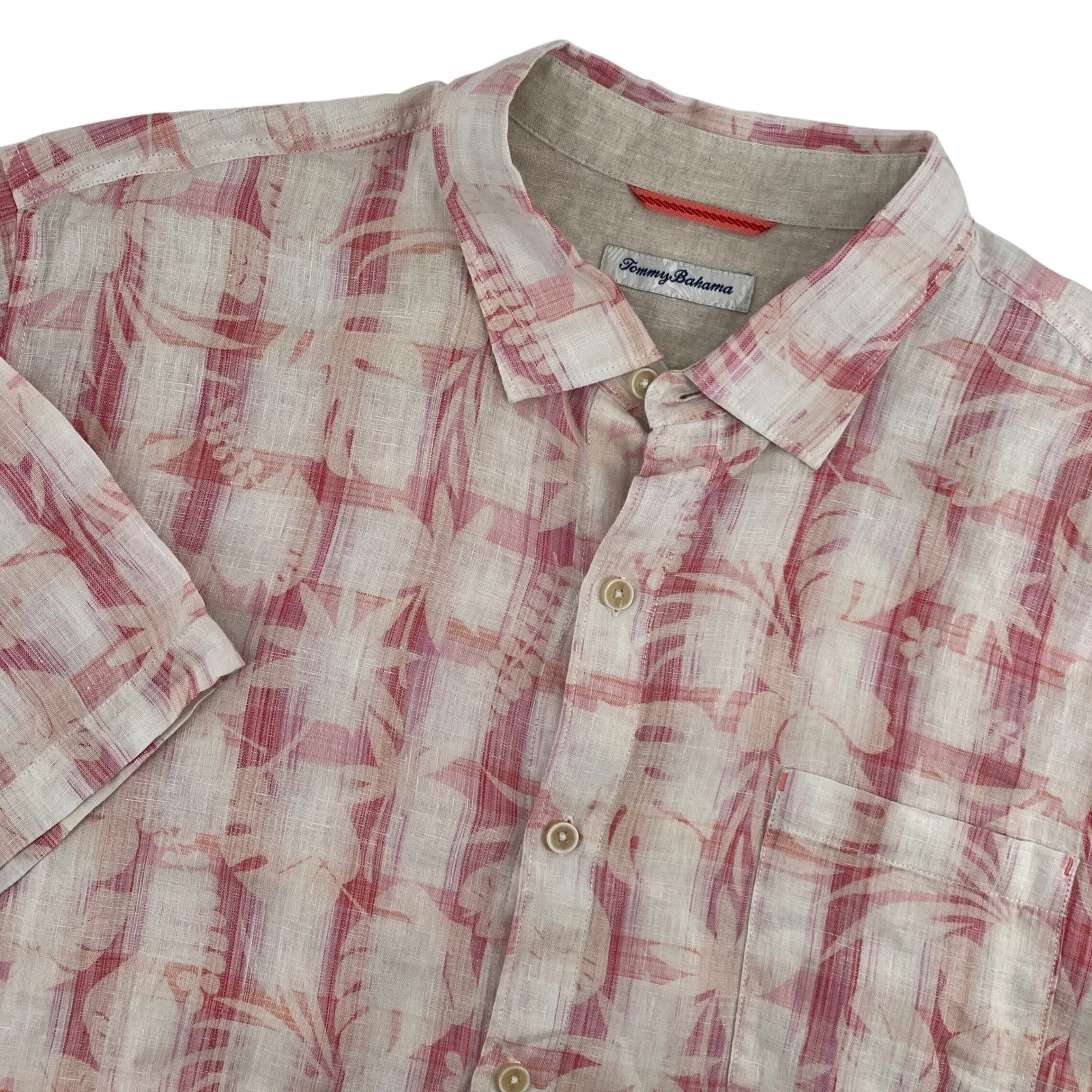 Tommy Bahama XXL Linen Shirt Pink White Plaid Floral Short Sleeve Button Up
Opens in a new window or