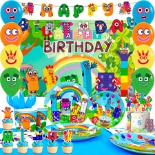 112 Pcs Number Blocks Birthday Party Decorations Party Balloons Backdrop Plates