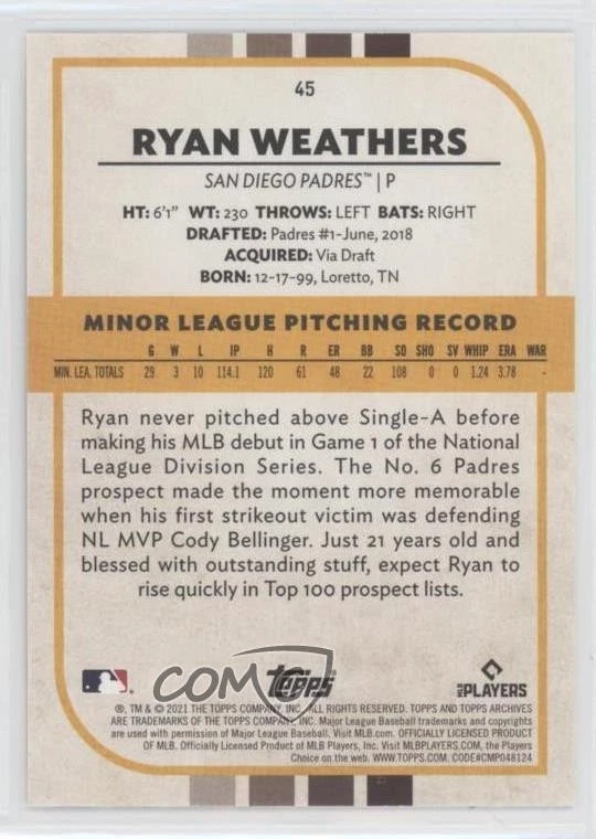 2021 Topps Archives Snapshots Ryan Weathers #45 Rookie RC - Image 2 of 2