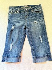Almost Famous Girls Capri Cuffed Blue Jeans Distressed Faux Crystal Bling Size:8