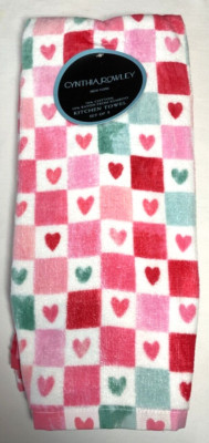 CYNTHIA ROWLEY KITCHEN TOWELS (3) PINK RED HEARTS 16 X 24 COTTON RAYON NWT