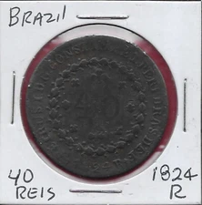 BRAZIL 40 REIS (2 VINTENS)1824-R EMPEROR PETER I LIBERATOR,BOUGHS FLANKING CROWN