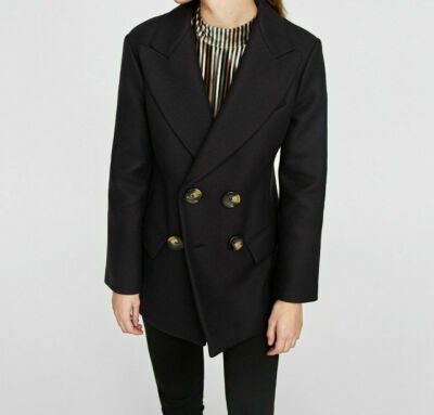 ZARA BLACK Double Breasted Wool Coat Jacket 8094/744 SZ M NEW