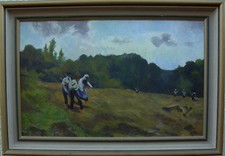 Bei der Heuernte, Monogramm GJV oder GJN , um 1950