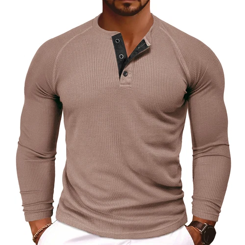 Mens Ribbed Henley Shirts Long Sleeve Button Grandad Plain Casual Tops T-Shirt - Picture 12 of 34
