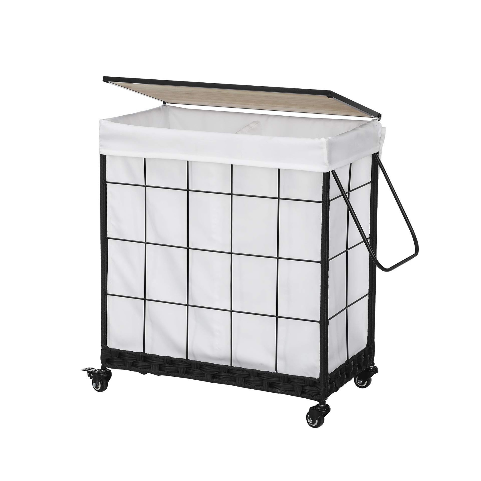 Laundry Hamper with Wood Lid and Divided Liner Bag; Durable Laundry Basket wi...-image