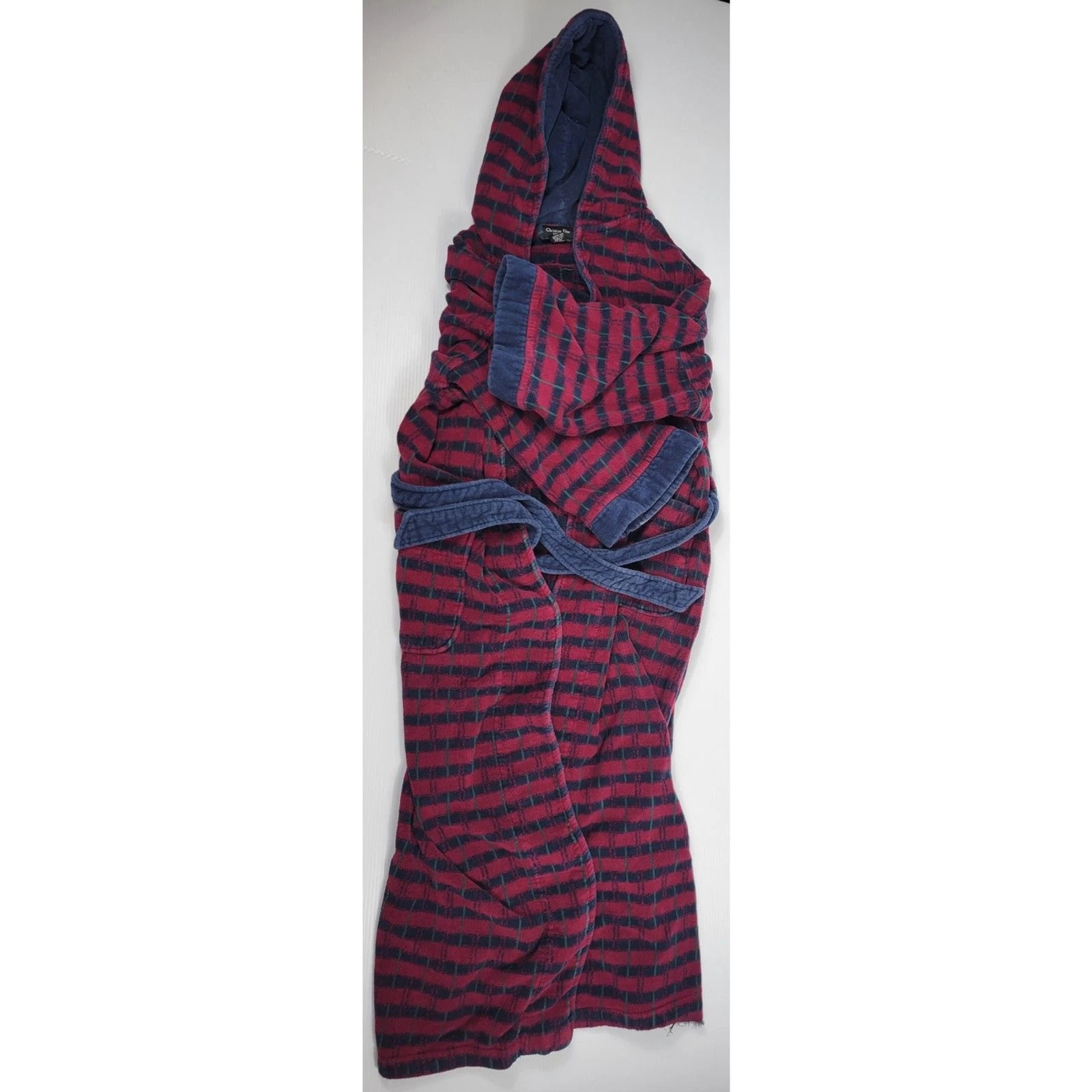 Robe de bain rayée rouge bleu Christian Dior avec ceinture et poches