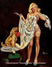 Beautiful Woman Sewing with Helper Dog 8.5x11" Photo Print Gil Elvgren Pinup Art