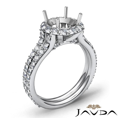 Halo Pave Set Round Cut Diamond Engagement Ring Semi Mount 18k White Gold 1.3Ctw - Picture 2 of 4