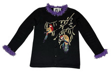 Storybook Knits Black Sweater Cardigan XS PARROT FANCY Sequins Beads Embroidered