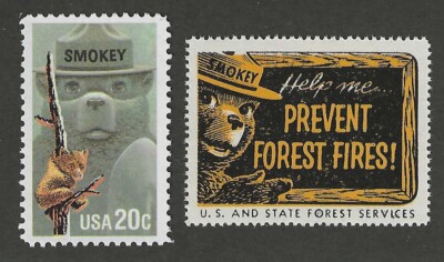 SMOKEY BEAR - U.S. POSTAGE STAMP + 1955 FORESTRY SERVICE STAMP - MINT CONDITION