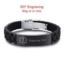 Medical Alert ID Men Women Bracelet Black Silicone Wristband Customize Engraving