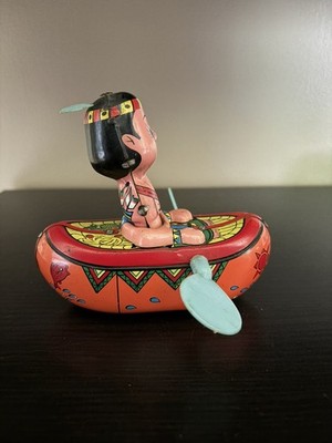 Vintage Japan YANOMAN Rowing Sioux Indian Canoe Tin Friction Toy