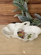 Limoges France Candy Dish Scalloped With Handle Fruit Floral Design Tidbit Dish