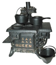 Vintage AAA Queen Cast Iron Oven Stove Toy Salesman Sample with Accessories