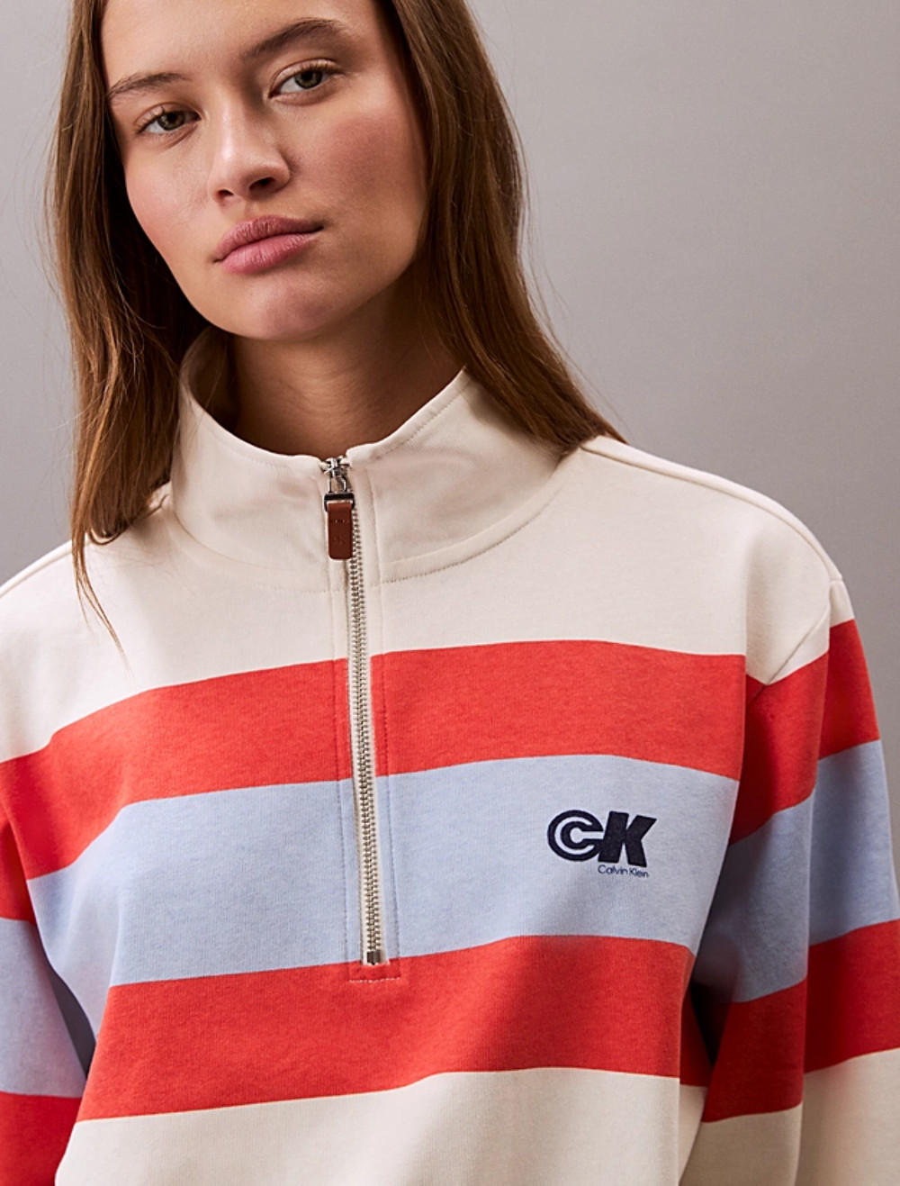 Calvin Klein Womens Rugby Stripe Quater Zip Sweatshirt Tofu Combo Stripe 47C229G thumbnail 5