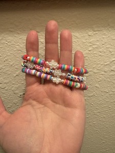 Multicolor Plastic Beaded Stretch Charm Bracelets w/ Flower Lot of 3