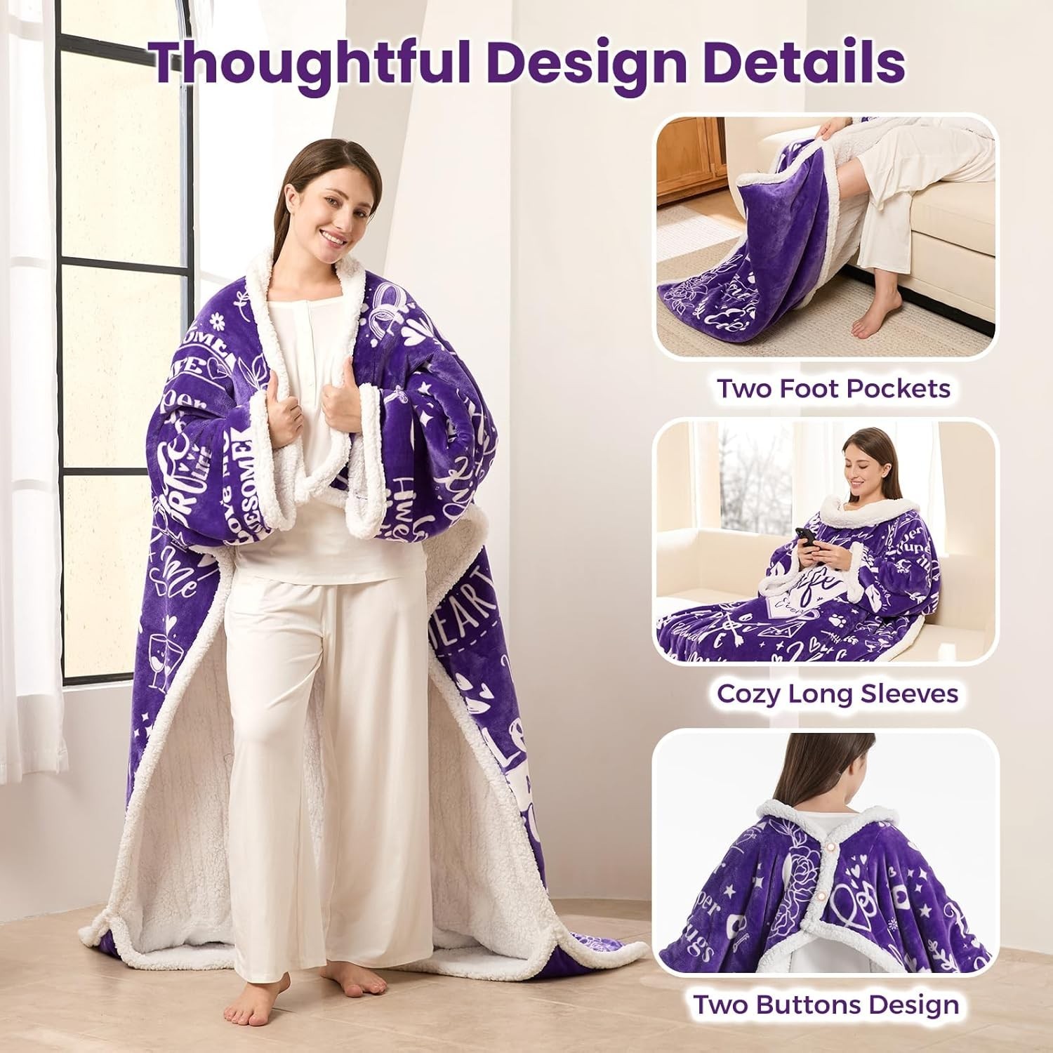 Wearable Heated Blanket with Sleeves Foot Pocket Electric Throw for Women Gift