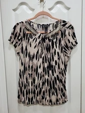 INC Decorative Bead Embroidery Sexy Keyhole Leopard Print Short Sleeve Top Sz L