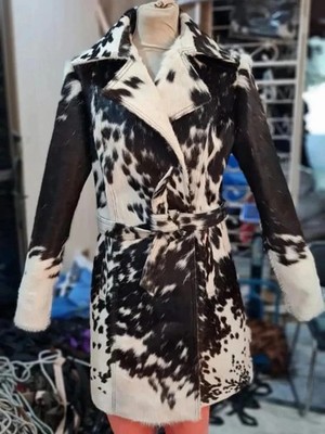 New Genuine Cowhide Leather Thigh Long Coat Natural Hair-On Cow Skin Jacket Coat