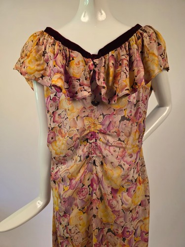 GLAM VINTAGE 1930’S RICH FLORAL PRINT SILK GAUZE DRESS W RUFFLE + VELVET - Picture 2 of 8