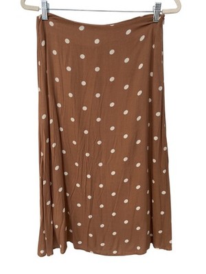 Dee Elly Midi Skirt Medium Polka Dot Side Zip Lined Brown White Rayon Neutral