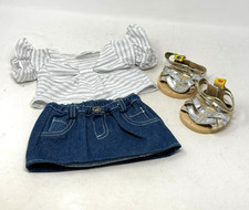 BUILD-A-BEAR 3-Pc Denim Skirt Silver Stripe Sparkly Top Gold Sandals Outfit