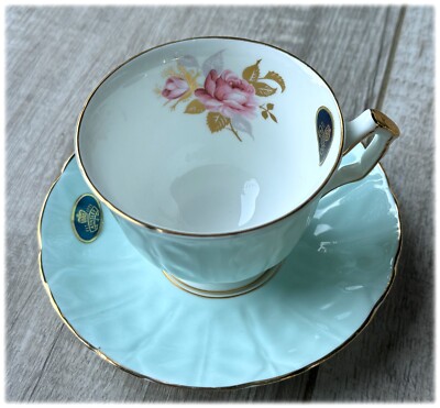 Aynsley Crocus Light Blue Rose Cup and Saucer 27189 Bone