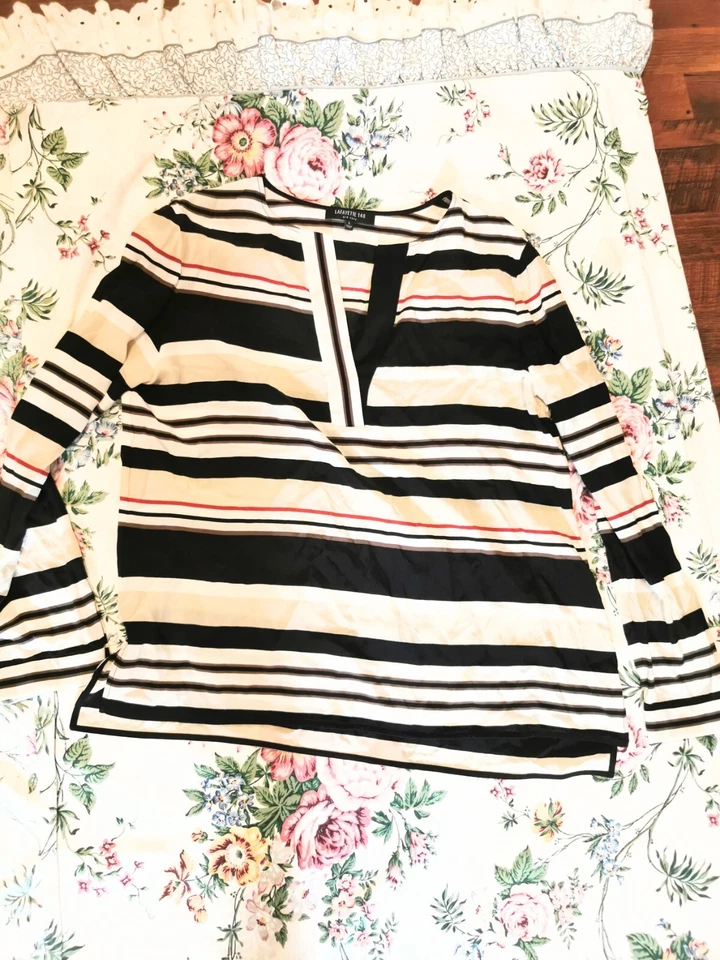 Lafayette 148 Top Women Large 100% Silk V Neck Stripe Cinch Beachy $598 0284 - Image 3 of 4