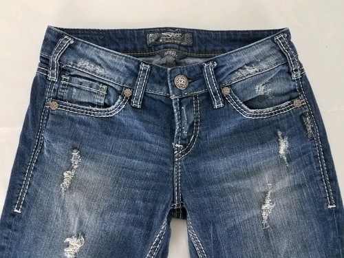 Pantalones de mezclilla plateados Aiko ajustados azules desgastados rasgados talla W25 x L31 - Imagen 9 de 12