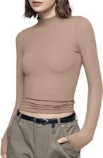 PUMIEY Women's Long Sleeve T Shirts Mock Turtleneck Slim Fit Tops Sexy Basic Tee