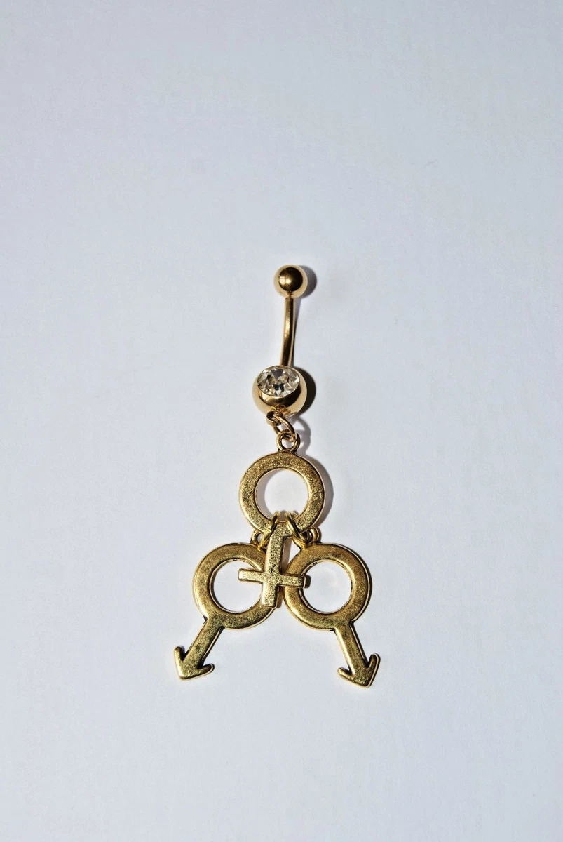Gold Naval Belly Button Bar Piercing MFM Threesome Symbols