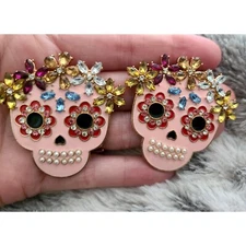 HALLOWEEN SKULL EARRINGS Big Sugar Pink Gothic Crystals Pearls Statement Lightwe