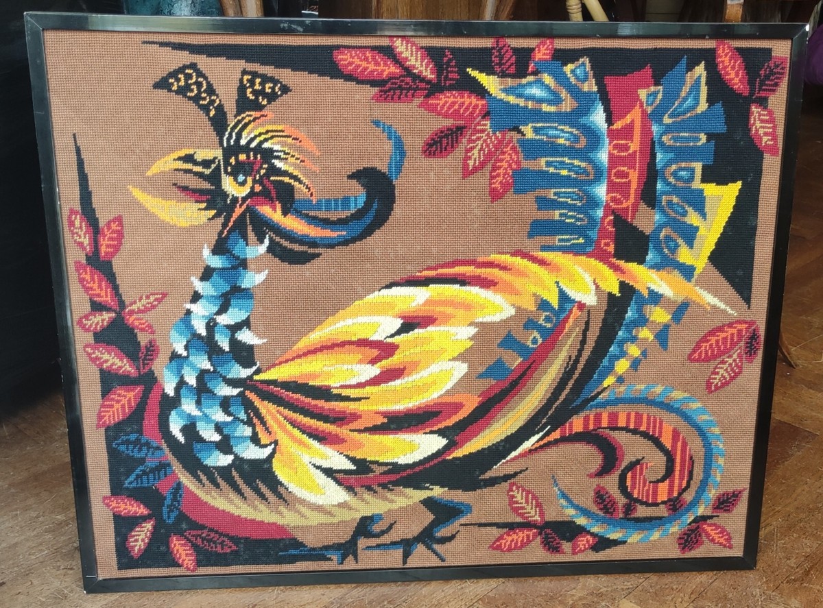Tapisserie Artisanale Années 70 – Bouquet Hollandais, Style Lurçat, Laine Multicolore