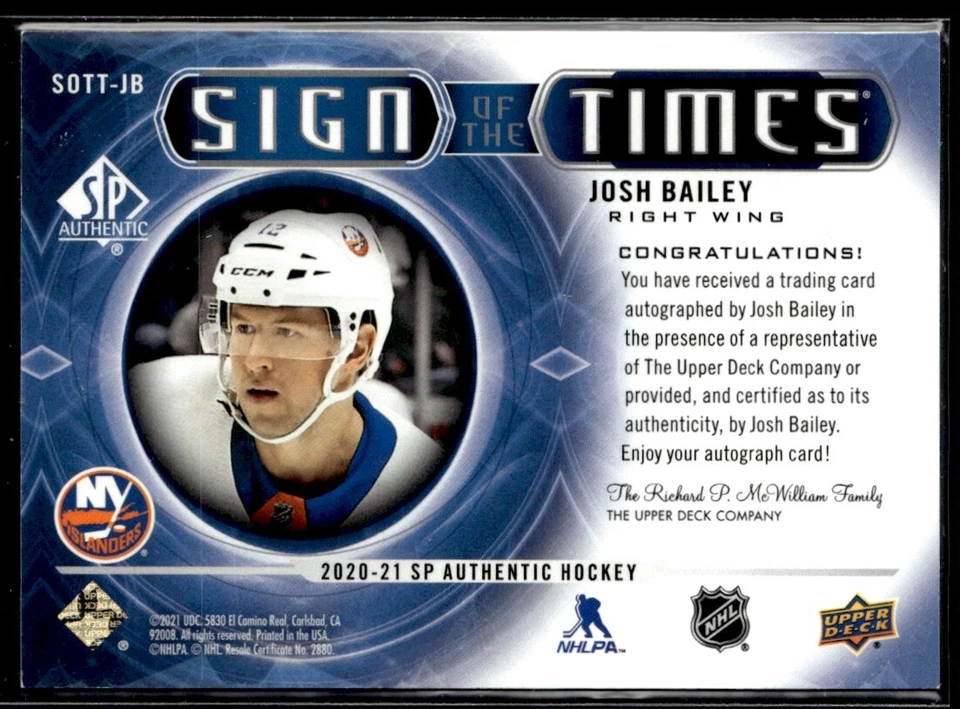 2020-21 SP Authentic Sign of the Times Josh Bailey #SOTT-JB H7R1H - Image 2 of 2
