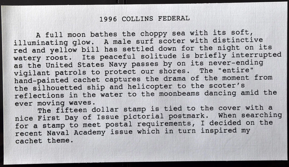 1996 Collins Hand Painted Cachet Duck Stamp FDC - Image 4 of 4