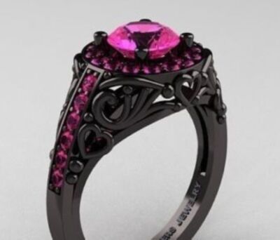 3.39 ct Pink Round Diamond Ring Black Silver Lab Created Engagement Ring