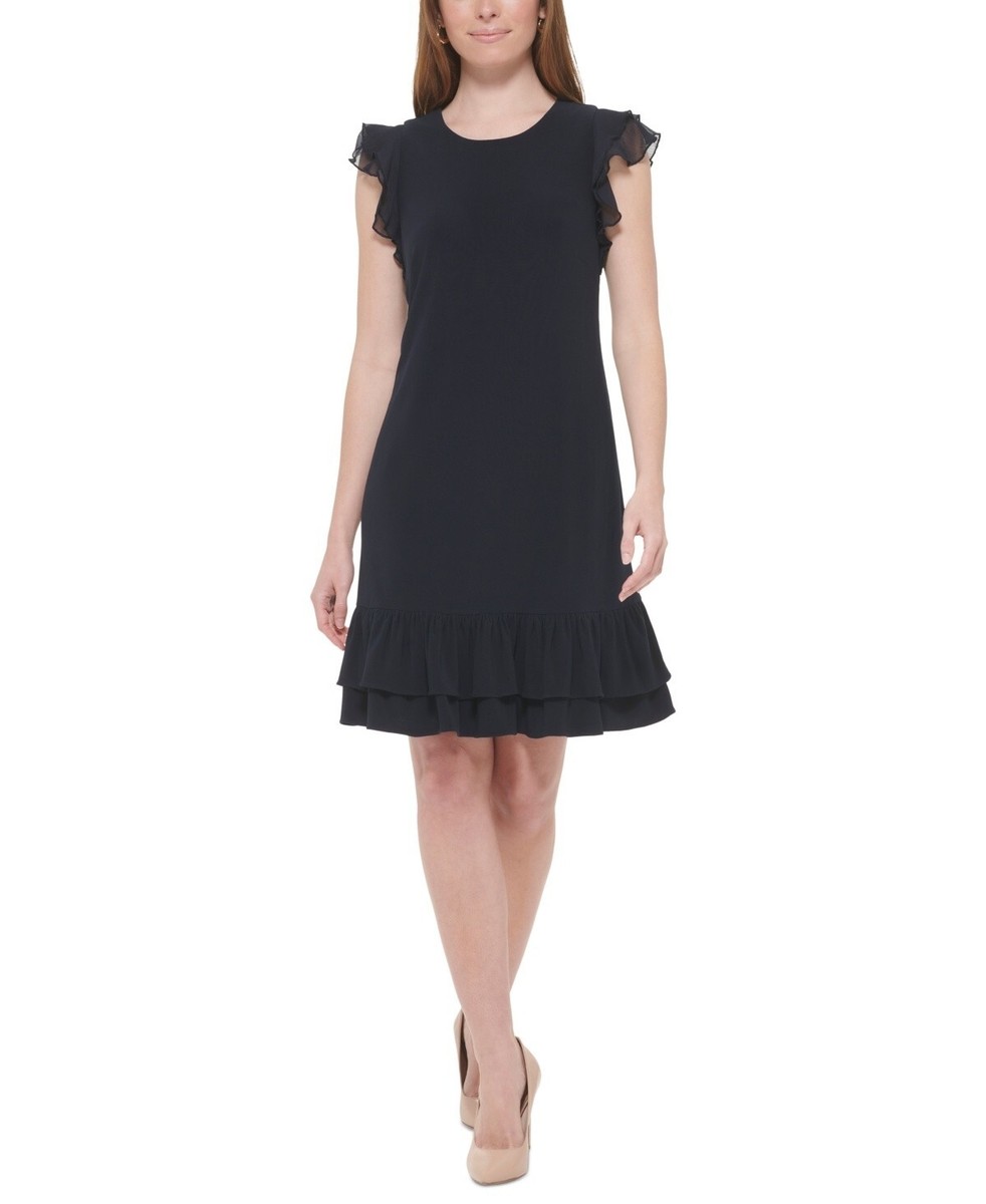 Tommy Hilfiger Womens Ruffled Tiered-Hem Dress, Sky Captain