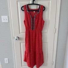 GAP Red Embroidered Floral Cotton Midi A-Line Sleeveless Dress Size M
