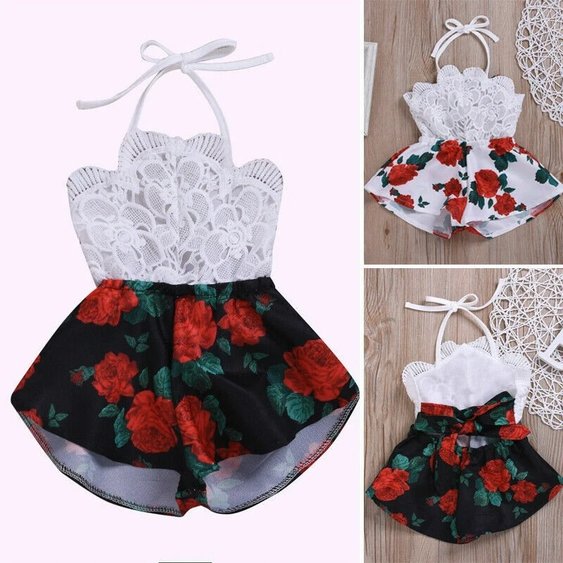 Baby Girl Romper Sleeveless Lace Flowers Print Jumpsuit Sunsuit Outfits Clothes