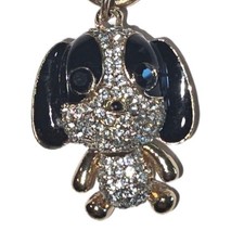 Rhinestone Puppy Dog Keychain Bag Charm Rose Gold Tone Black Enamel Articulated