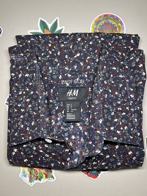 H&M Men's Slim Fit Easy Care Blue/White Floral Button-Up Shirt L Long Sleeve