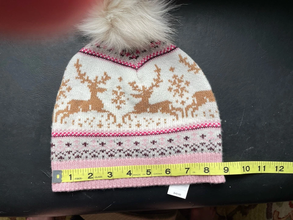 Sombrero tejido Talbots Reindeer Fair Isle, rosa/crema Pom, mezcla de algodón nuevo con etiquetas $49.50 Foto 2 de 4