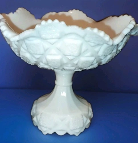 Vintage Westmoreland Old Quilt White Milk Glass 9" Pedestal Crimped Bowl