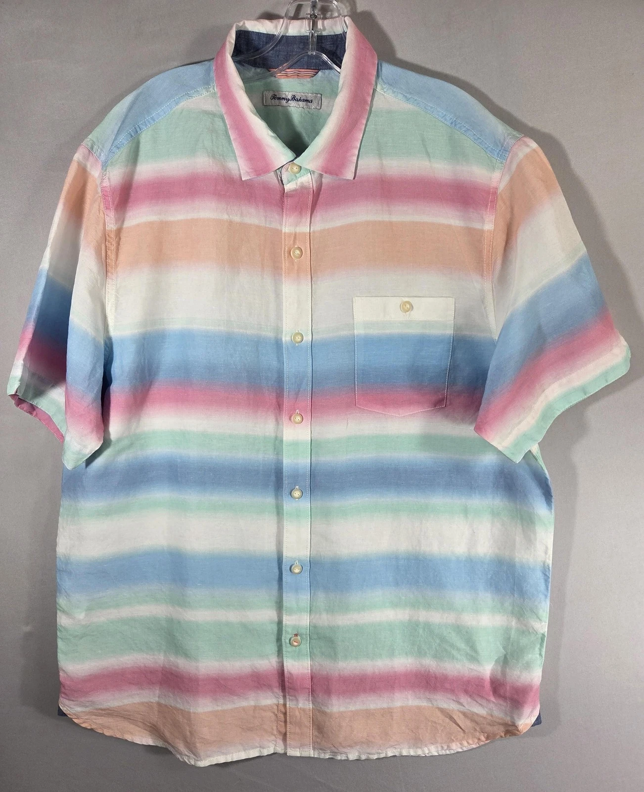 Tommy Bahama Shirt Mens Large Pastel Striped Linen Tencel Short Sleeve Casual