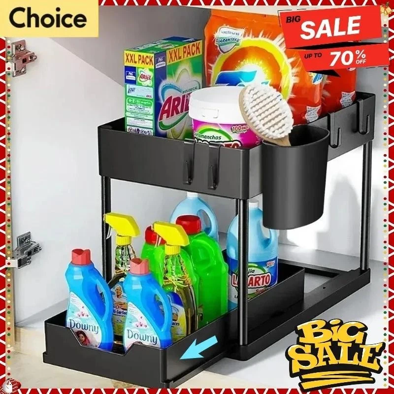 2pcs of 2-tier Sliding Cabinet Organizer with Hooks for Kitchen & Bathroom