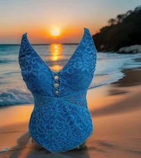 Profile by gottex women 1 peice sz 14D blue Lace swimsuit PeekaBoo Midriff Lined