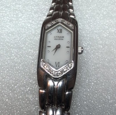 Citizen Eco-Drive Rectangle Silver Wristwatch Diamond Accent White Dial Bracelet