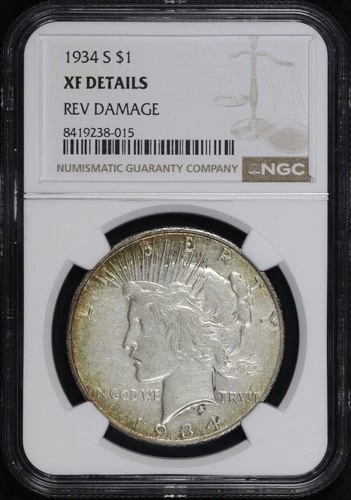 1934-S Peace Dollar NGC XF Details Rev. Damage (Gouged) - Key Date, Rim Toning!