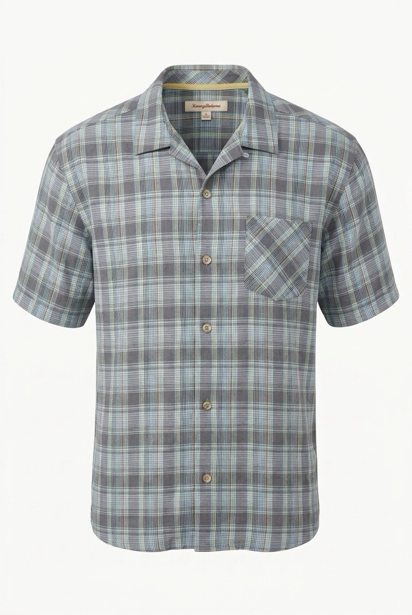 Tommy Bahama Mens XL Shirt Short Sleeve 100% Linen Plaid Camp Blue Gray